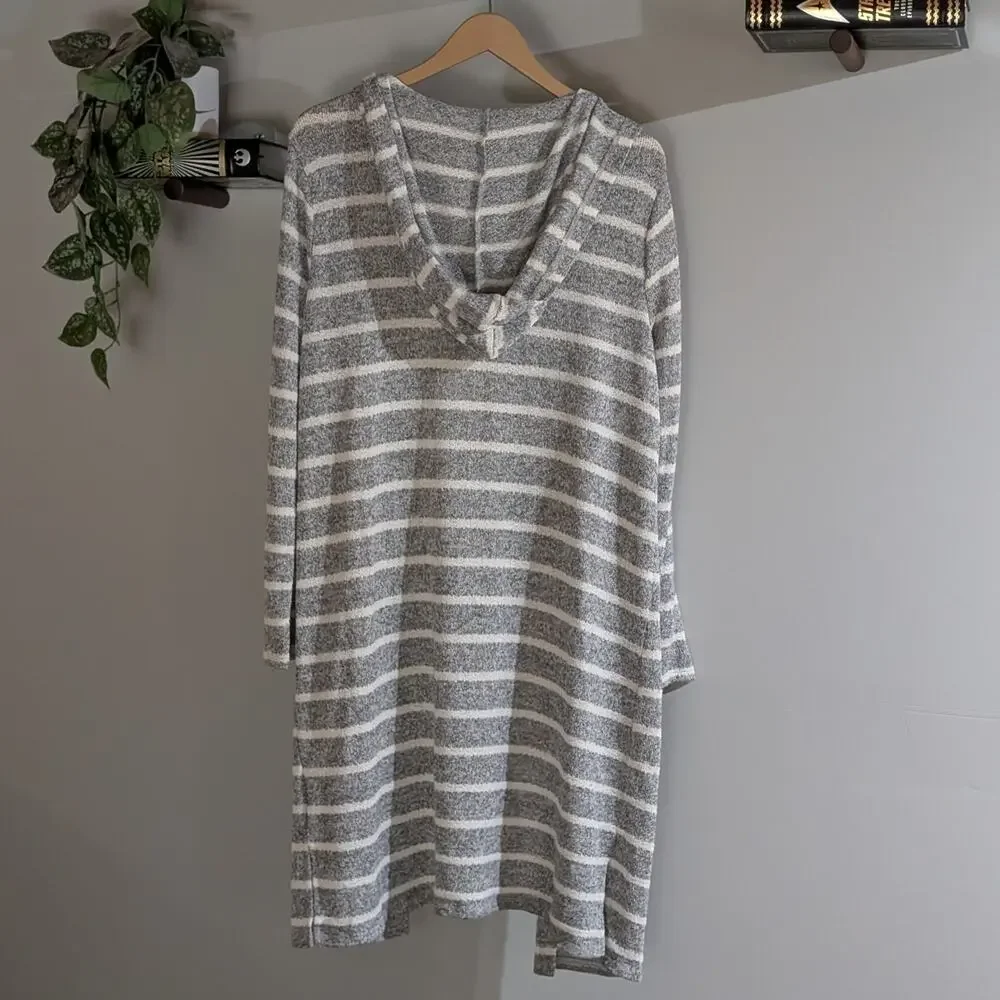 Pink Rose | Gray Stripe Hooded Long Knit Cardigan | Women's Size XL